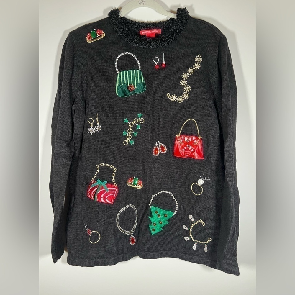 Merry & Bright black embellished embroidered Christmas sweater sz L bling glam